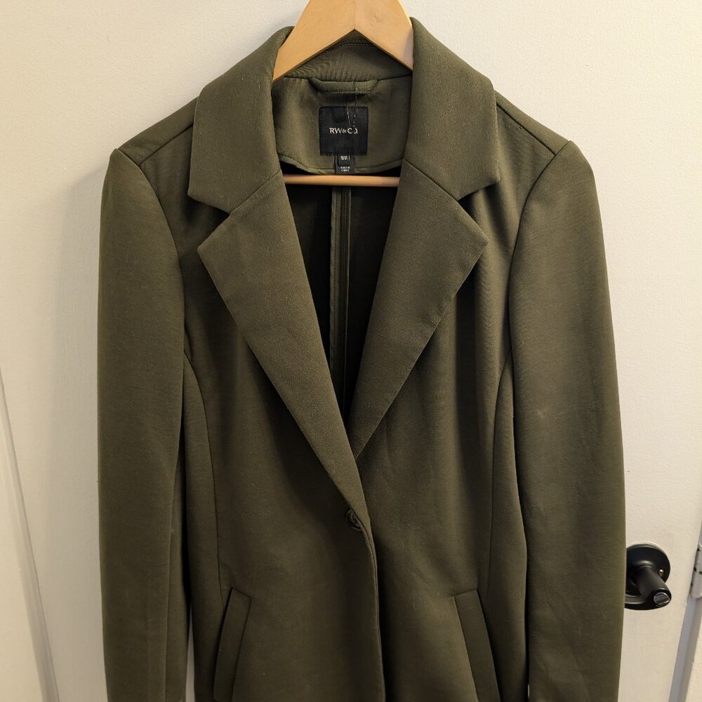 Olive green single button twill coat by RW&Co